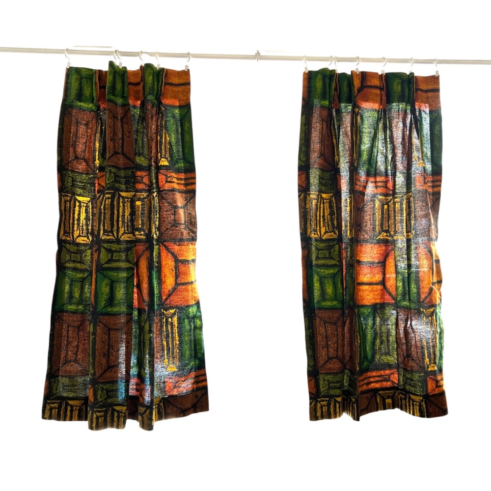 Vintage Curtains 70's Squares in Green Orange Brown 70's Earth Tones 100% Cotton - Picture 3 of 4